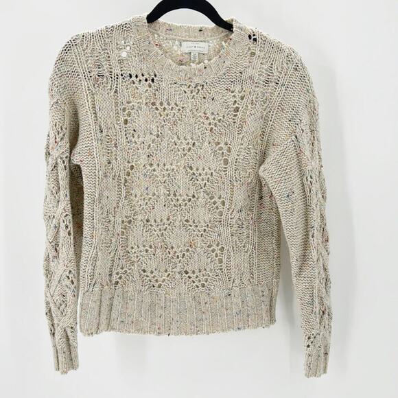 Lucky Brand Beige Marl Open Knit Crew Neck Sweater wool blend bohemian preppy - Picture 1 of 7